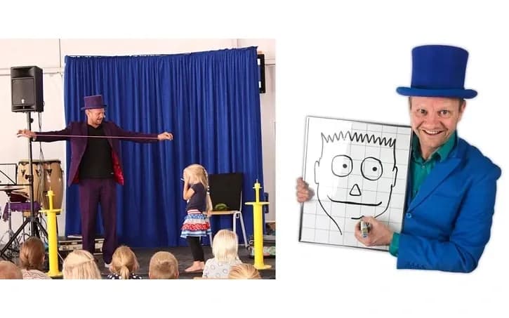 Collage van Pieter tijdens een kindershow en met een goocheltekening